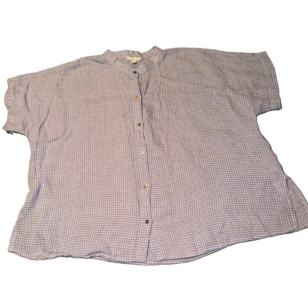 Eileen Fisher Gingham Organic Linen Puckered Short Sleeve Shirt Misty Lilac XL